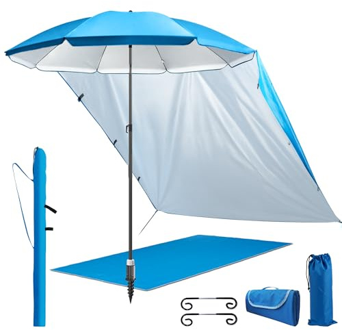 4smile Sonnenschirm Strand 5er-Set Blau – UV50+-Schutz, Ø 200 cm, mit großer Stranddecke (1,5 x 2 m), praktischem Sonnensegel Strand, Schirmständer Erdspieß & robuster Schirmhülle