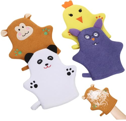 Loimol Baby Waschlappen Handschuhe, 4pcs Cartoon Muster Babykörperpeestierhandschuhe, Tiere Peeling Handschuh, Kinder Bad Mittel für Kinder & Kleinkind & Erwachsene