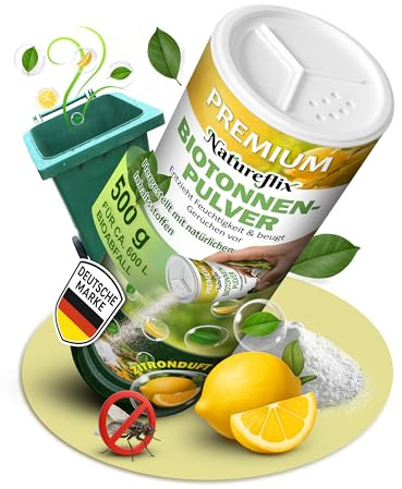 Natureflix Biotonnenpulver mit Zitronenduft | Natürliches Pulver verhindert Feuchtigkeit & Schimmel | biologisch abbaubar für Kompost & Bioabfall (1x Streudose 500g)