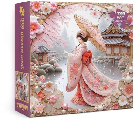 Spring Elegant Geisha Puzzles for Adults 1000 Pieces, Japanese Landscape Jigsaw Puzzles, Cherry Blossom Art Puzzles