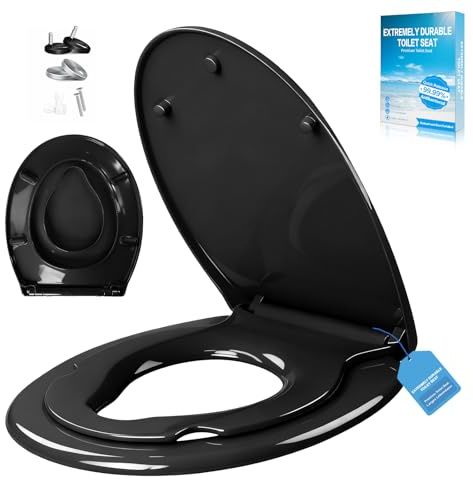 TPSOJJY Toilettendeckel mit Kindersit,Antibakteriell & UV-beständig | Klodeckel mit Kindereinsatz,kl.WC Sitz einfache Montage, bis 250 kg,mit Quick Release Funktion (Oval Familiensitz Schwarz)