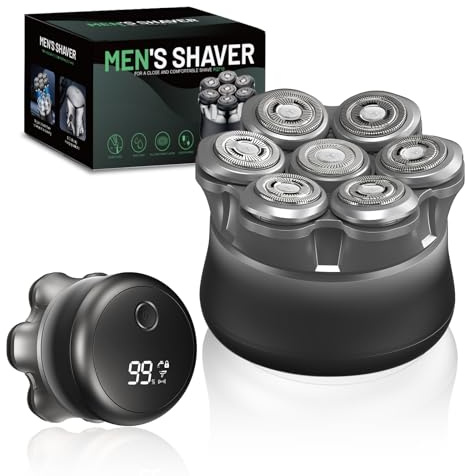 Rasoio Testa Calva Uomo 7D, Rasoio Elettrico Barba Magnetico, Regolabarba Uomo Wet/Dry, con 7 Testine Rotanti, Display LED e Ricarica USB Ricaricabile, per Capelli Barba e Viso Pulito