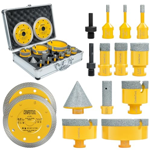 Upgrade Profi M14 15tlg Diamant Fliesenbohrer Set, Diamantbohrer | 6/6/8/20/25/35/50/75/100mm+20mm Fingerfräser+50mm Fasenbohrer+2X 115mm Trennscheibe+Adapter für Keramik Fliesen Marmor Granit