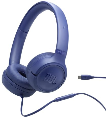 JBL Tune 530 C, trådbundna USB-C on-ear-hörlurar med mikrofon, bekväm passform, JBL Pure Bass-ljud, EQ-förinställningar, hopfällbar design och trasselfri platt kabel, blå