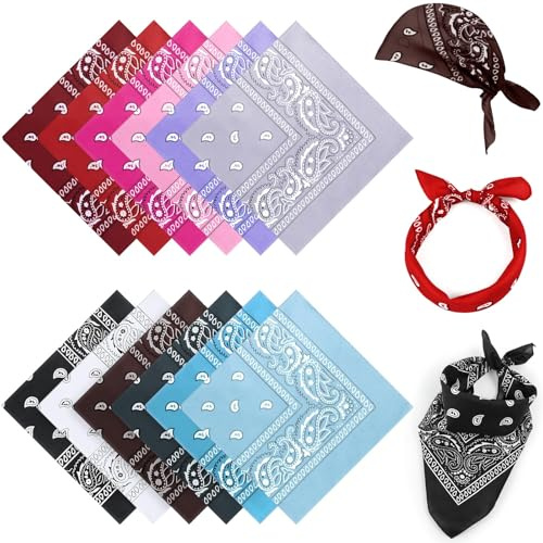 AWUMBUK Bandana 12-pack för Män och Kvinnor, Andningsbar Scarf med Western och Paisley Mönster, 55x55cm (blått)