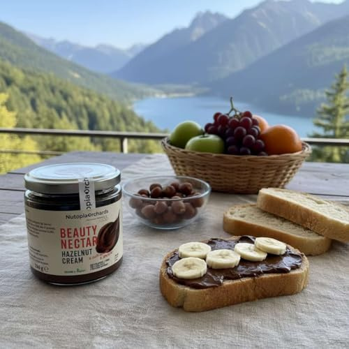 Crema de avellana Beauty Nectar con 42% y 44 gramos de colágeno peptano, zinc y fibras prebióticas FOS. Baja en azúcar. Dulzor natural con eritritol (IG = 0). Made in Italy