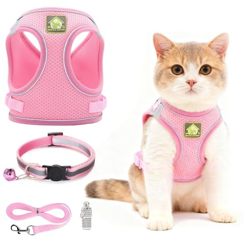 Pink Kitten Harness and Lead Set, Cat Lead Escape Proof Adjustable Kitten Harness Breathable Soft Mesh Vest Harness and Lead with Reflective Strip for Small Medium Cats Pets Walking