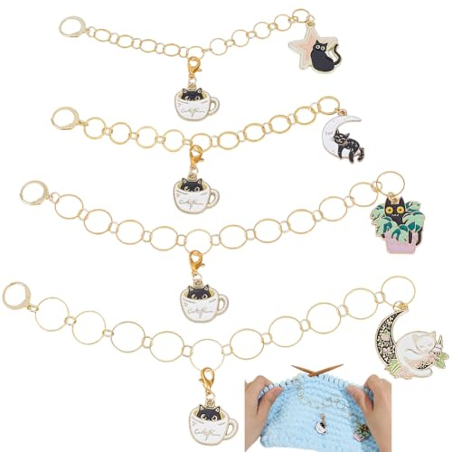 BENECREAT 4Pcs 4 Styles Cat Charms Knitting Row Counter Chains, Cat Locking Stitch Marker with Moon, Brass Cat Crochet Locking Stitch Markers for Knitting Weaving Sewing Crochet Stitch Markers