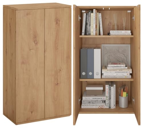 Bellamio Ais Mehrzweckschrank 60 cm, 3 Fächer, Eichenoptik, Push-to-Open | Haushaltsschrank 110x60x33 cm, schmaler Aktenschrank, Allzweckschrank, Hängeschrank/Büroschrank, Schuhschrank, viel Stauraum