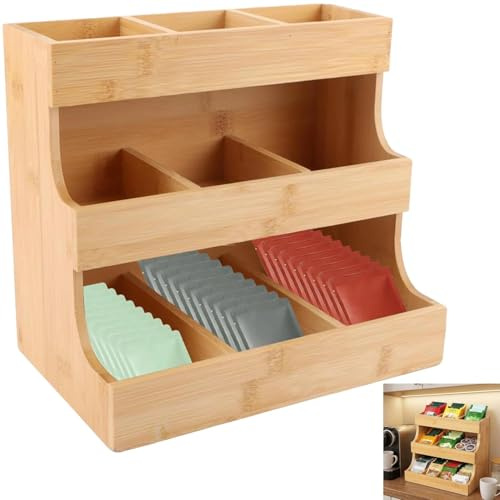 SVUPUE Tea Box,Tea Bag Organiser,3 Layers,9 Sections,Made of Bamboo | Can hold approximately 180 tea bags,can also store tea bags, coffee bags,and sugar packets,Suitable for home,office,and cafes