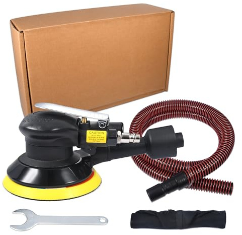 5 Inch Pneumatic Random Orbital Sander Kit, 125mm Black Air Palm Sander with Dust Hose, Dust Bag and Spanner, 10000 RPM, 90 PSI, for Car Bodywork, Wood and Metal