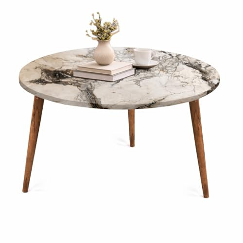 MA MAISON Tavolino Tondo da Caffè in Legno Basso - Moderno, Adatto per Soggiorno, Hall Albergo, Ufficio, Arredamento Casa, Sala da Tè, con 3 Gambe, Elegante - D.75x43h cm Effetto Marmo Bianco
