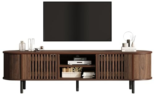 STAPERFO Mueble para TV de 65 pulgadas en nogal con diseño calado | Mueble bajo con 5 patas de apoyo | Armario moderno para salón con espacio de almacenamiento