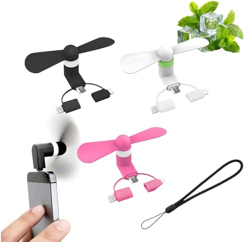 QEEROYO 3 stycken 3-i-1 mini-mobiltelefonfläkt, bärbar USB-mobiltelefonfläkt, minifläkt, USB-fläkt liten tyst, 3-i-1-fläkt för Lightning/Type-C-telefoner