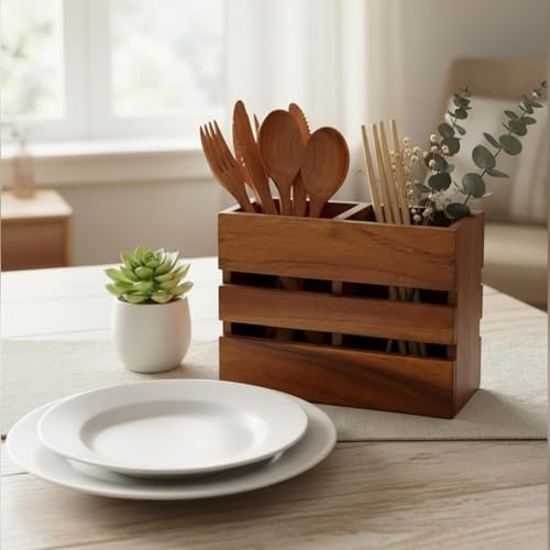 Woodmede Cutlery Holder Caddy – Solid Wood 2 Compartment Utensil Organiser, Portable Kitchen Countertop & Dining Table Storage, Rustic Flatware Holder for BBQ, Parties & Home