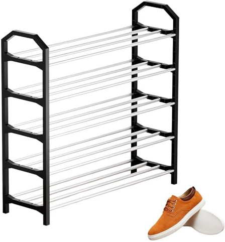 Tokaneit 5 Livelli Porta Scarpe Ingresso Nero, Scarpiera Aperta con Ripiani, Rastrelliera Scarpe, Materiale Plastica e Tubo Acciaio Zincato, Montaggio Facile Senza Ttrumenti