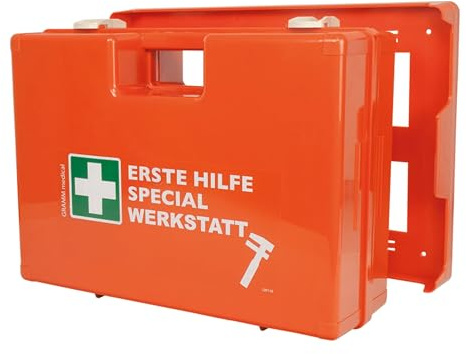 ACTIOMEDIC Erste-Hilfe-Kasten SPECIAL WERKSTATT, DIN 13157:2021, Notfallkoffer mit Wandhalterung, mehrsprachige Beschriftung, orange, 42 x 33 x 15 cm