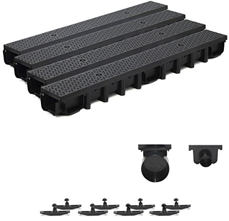 4m Entwässerungsrinne für modulares System A15 98mm, komplett Stegrost Kunststoff, Schwarz Decor