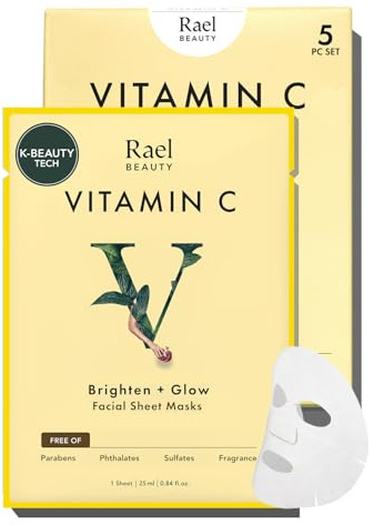 Rael Vitamin C Face Mask - Korean Skincare for Glass Skin, Brightening & Glow, Pomegranate & Citrus Fruit Extracts, Super Soft Bamboo Sheet, Free of Fragrance & PEGs, Vegan, Cruelty Free (5 Sheets)