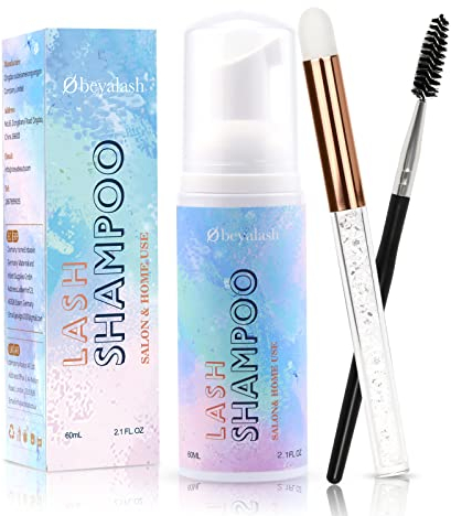 Obeyalash Shampoing Cils Extension Nettoyant D'extension de Cils Mousse Nettoyante Pour Lashes- 60 ml - Avec Brosse de Nettoyage Pour la Maison et le Salon, Lash Shampoo Eyelash Extension Cleanser