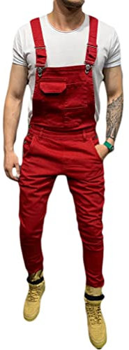 Onsoyours Salopette Jeans Homme Grande Taille Skinny Vintage De Travail Salopette De Travail Pas Cher Pantalon en Denim Jeans à Bretelles Jumpsuit Streetwear F Vin Rouge S
