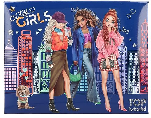 Depesche 12704 TOPModel City Girls - Schreibwarenbox mit Bleistiften, Radiergummi, Büroklammern, Notizzettel und Spiegel, ca. 20 x 15,5 x 3,2 cm groß