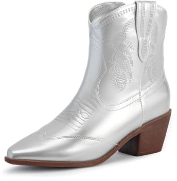 TOSOFT Stivaletti Alla Caviglia Con Tacco Grosso For Scarpe Da Donna Stivali Ricamati Con Punta A Punta Argento Stivali Da Cowboy Western Corti Da Donna (Color : Silver, Size : US7)