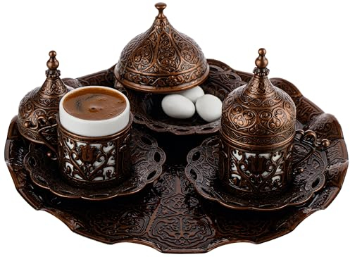 DEMMEX 2024 - Servizio da caffè arabo greco turco con tazze, piattini, portabicchieri, coperchi, zuccheriera e coperchio e vassoio, 11 pezzi (antico), medio