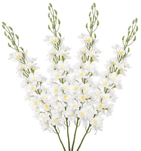 Briful 4er Set Künstliche Delphinium Kunstblumen Wie Echt Weiße Dekoblumen Rittersporn mit Langen Stielen Seidenblumen für Blumengesteck Home Hochzeit Dekoration