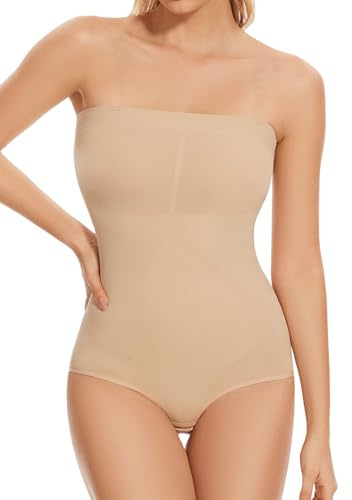 ONEW Body bandeau galbant sans bretelles pour femme, haut caraco avec bretelles spaghetti amovibles, contrôle du ventre, corps intégral, beige, L