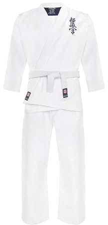 TREXO Karatega con bordado Kyokushin para karate en blanco para 120-180 cm de estatura, juego de pantalones regulables, kimono, cinturón, ideal para principiantes, costuras fuertes, materiales