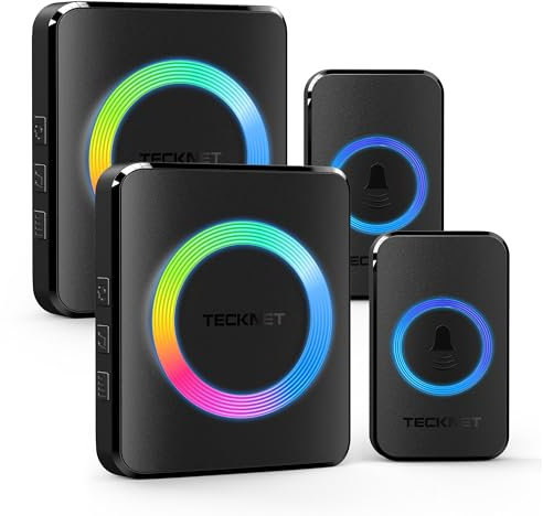 TECKNET Wireless Doorbell with 2 Push Buttons 2 Receivers, IP65 Waterproof Twin Door Bells Wireless Cordless with RGB Flash, 400M/1300ft Long Range Plug in Door Bell with 60 Chimes & 5 Volume Levels