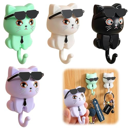 Lot de 4 porte-clés pour chat - Porte-clés autocollant - Porte-clés - Porte-clés - Patère à vêtements pour enfants - Décoration murale pour accrocher des clés et des serviettes