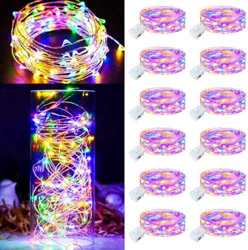 12Pack Fairy Lights Battery Operated, 7ft 20 LED 3 Modes Speed Twinkle Mini String Lights Waterproof Copper Wire Firefly Starry Lights for Mason Jars Wedding Party Christmas Decorations