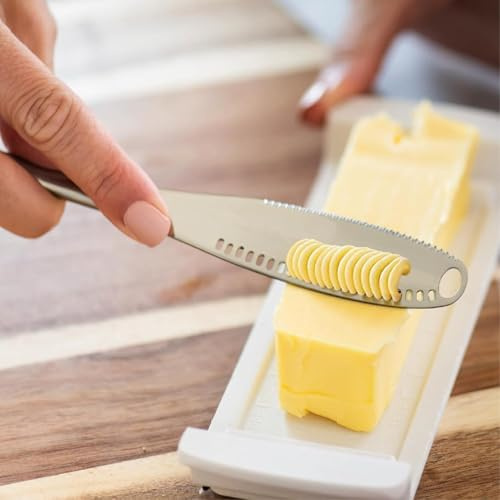 2 set, 3 in 1 butter knife - Stainless steel serrated knife with holes in the blade - Cold butter applicator, curler and micro grater - Dishwasher-cleanable