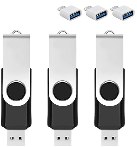Pack de 3 Clés USB 32 Go avec Adaptateur Type-C & Boîte de Rangement, Clé USB 2.0, Clé de Stockage Rotatif à 360° pour Téléphone/Tablette/PC/Ordinateur Portable/Android - Noir (Pack de 3 Clés USB 32