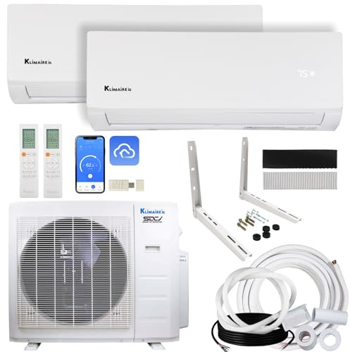 Klimaire 26,000 BTU 2-Zone 23 SEER2 Wall Mounted Mini Split Heat Pump System w/All Inclusive Installation Kits (12,000 BTU + 24,000 BTU) - R454B
