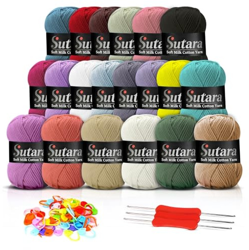 Sutara 20 Pack Milk Cotton Yarn Kit for Crochet and Knitting Balls - Soft Crochet Wool for Amigurumi and Baby Wool Projects, Knitting Kit Yarn for Crochet, Hook, Stitch Marker (Light Colours)
