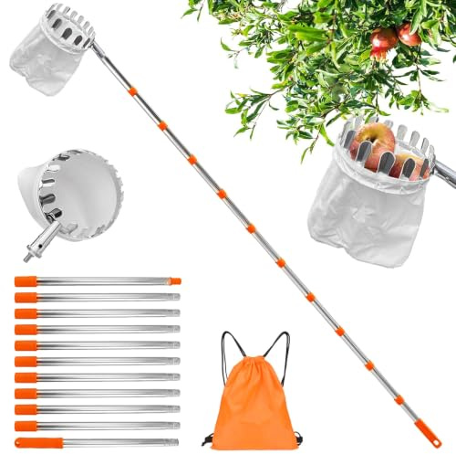 Recogedor de Frutas Telescopico,Cesta Recogedora de Manzanas 4.2M,con poste telescópico de acero inoxidable ligero y bolsa de algodón para Cosechar Cerezas y Ciruelas