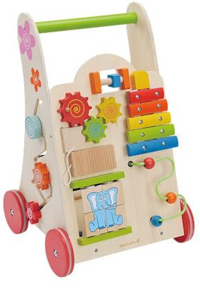 EverEarth Carrello da passeggio in legno, per imparare a camminare in tutta sicurezza, giocattolo educativo multi-attività, altezza 51 cm, materiali sostenibili e vernice ecologica – Girello in legno