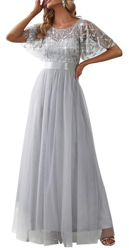Ever-Pretty Robe de Demoiselle d'honneur Col Rond Manches Courtes Taille Empire A-Line Tulle Longue pour Soirée Bal Gala Femme Gris 42