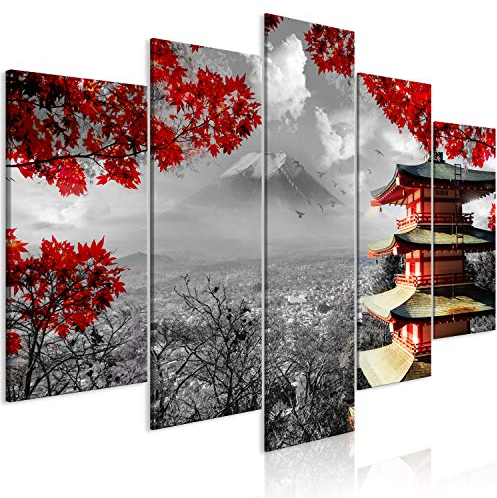 murando - Wandbilder XXL Japan 200x100 cm 5 tlg - Wand Deko Leinwand Bilder Groß Bilderset Wohnzimmer BIld Schlafzimmer Kunstdrucke - Landschaft Japanisches Haus Schwarz Weiß Herbst Rot c-C-0241-b-m