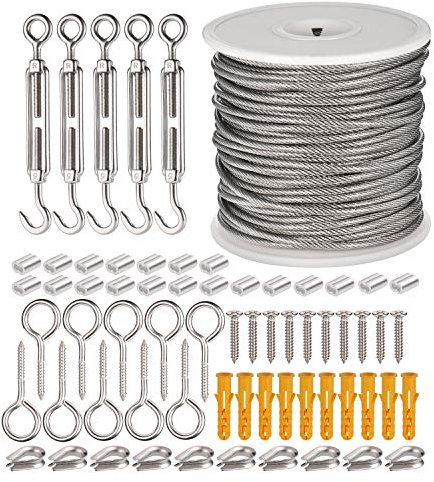 JIZZU 66 Pezzi Fune Metallica Rivestita in PVC, 30M Cavo Acciaio Φ 2mm, Cavo Acciaio Rivestito, con Tenditore a Occhio, Occhiello Espansione Bullone, Anelli di Crimpatura in Alluminio