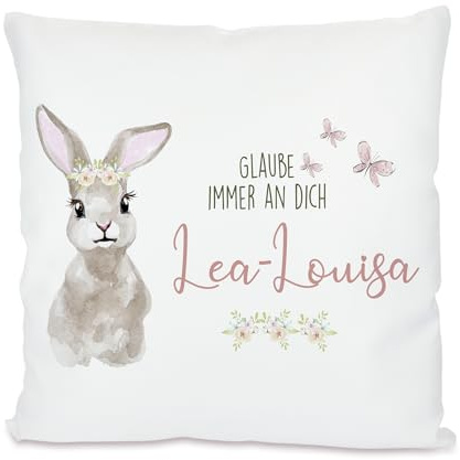 Manufaktur Liebevoll I Kinderkissen mit Namen Kissen Baby Geschenk personalisiert Geburt Taufe Namenskissen Geburtstag Mädchen Hase 40x40 cm Bezug mit Füllung