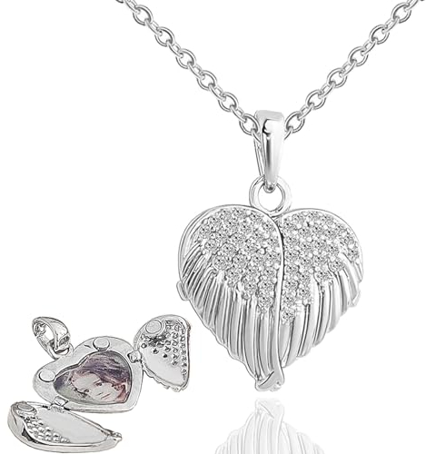 Vaguelly Herz Medaillon zum Öffnen für Bilder, Damen Kette Engelsflügel Halskette DIY Foto Amulett Anhänger Herzkette, Herzmedallion Kettenanhänger aufklappbar, für Mutter Freundin