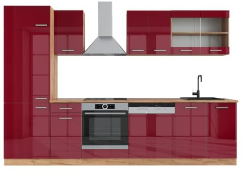 Vicco Küchenzeile R-Line, Rot Hochglanz/Goldkraft Eiche, 300 cm | 8 Module · Höhenverstellbare Füße · Ohne Arbeitsplatte · Robuste Fronten · Mit Kühlschrankumbauschrank