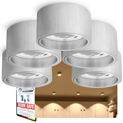 SSC-LUXon CELI-X Aufbauspot 5 Stück Alu rund für GX53 | Fünf flache Aufbauleuchten Alu gebürstet rund für Wohnzimmer, Schlafzimmer & Flur - GX53 Fassung (ohne Leuchtmittel)