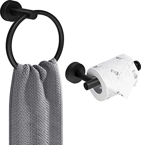 AMMIY Toilet Roll Holder Towel Ring, Wall Mounted Toilet Paper Holder, 2 Pieces Classic Stainless Steel Bathroom Accessories, Matte Black