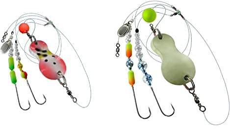 Set 2 Stück Buttlöffel von Jenzi,Plattfisch Blinker montiert 100 Gramm rot/weiß/Punkte 100 Gramm Light/Green/Glitter und + gratis Petri Heil! Aufkleber