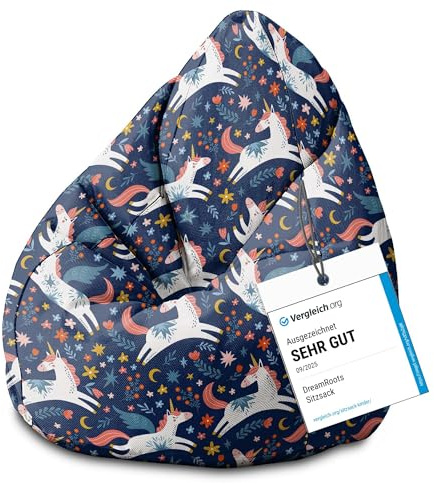 DreamRoots Sitzsack Kinder 70x70x105, Fairy Unicorns | Bean Bag Kinder mit Lehne, Hocker & Bezug, Sitzkissen Boden, Bubibag, mit Füllung, Kinderzimmer